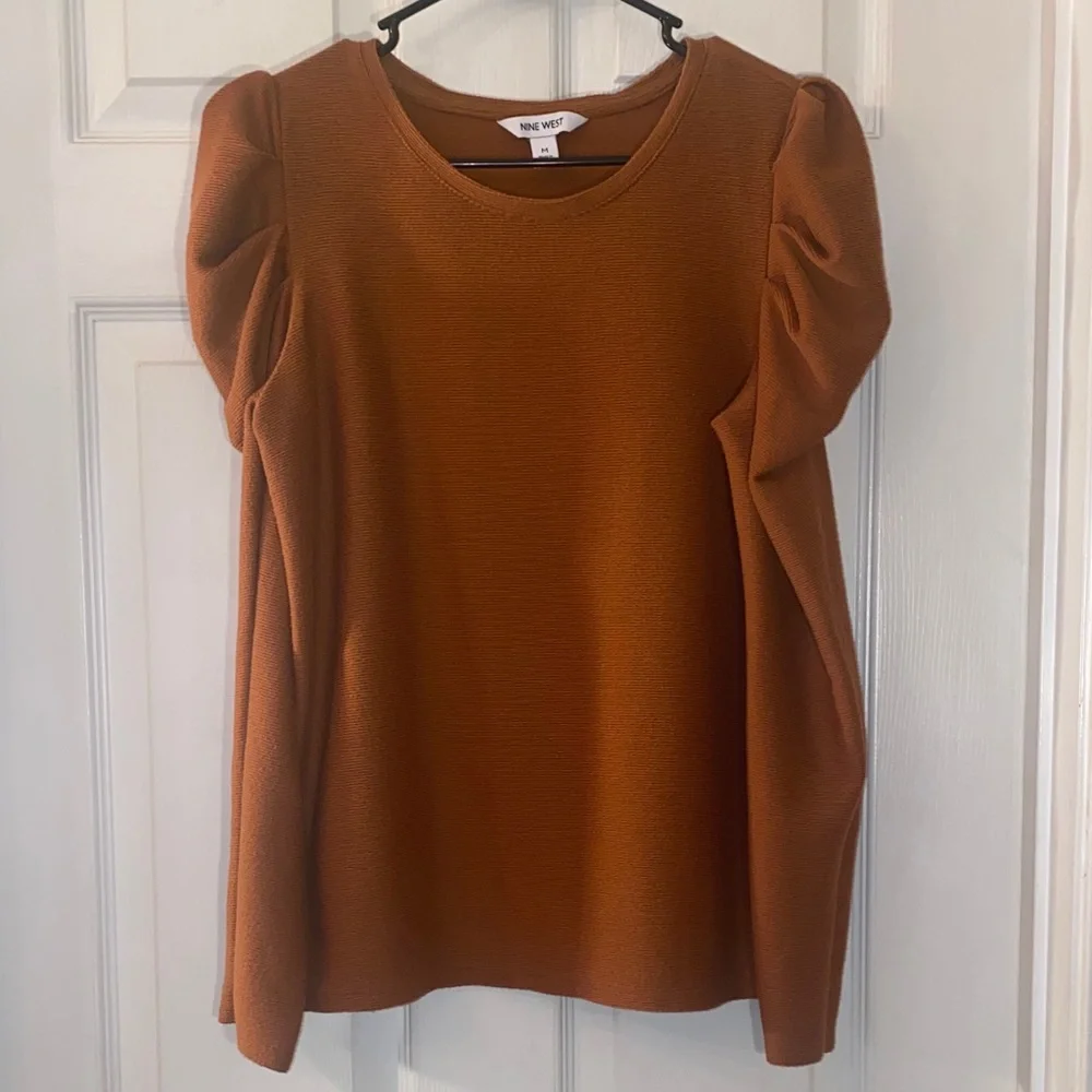 Nine West Burnt Orange Brown Puff Sleeve Sweater Blouse Top